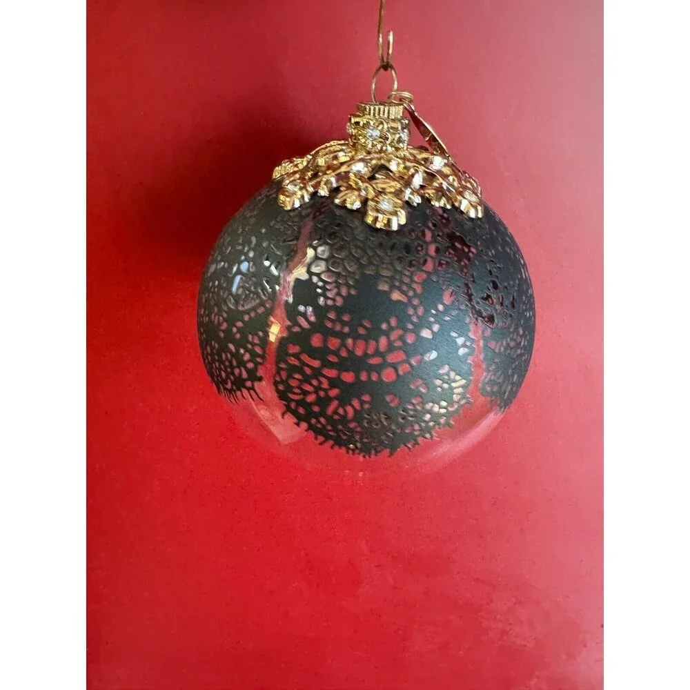 Jason Wu Large Glass Ornament Gold  Rhinestone Trimmed Black Lace Designer Tag - Picture 8 of 9